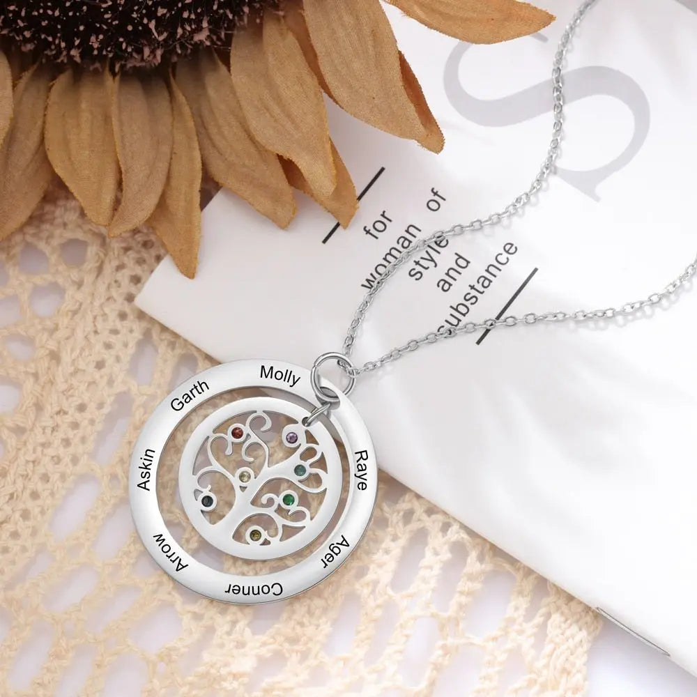 Tree of Life Name Necklace with Birthstone Name Engraved Pendant Family - Blade & Thread
