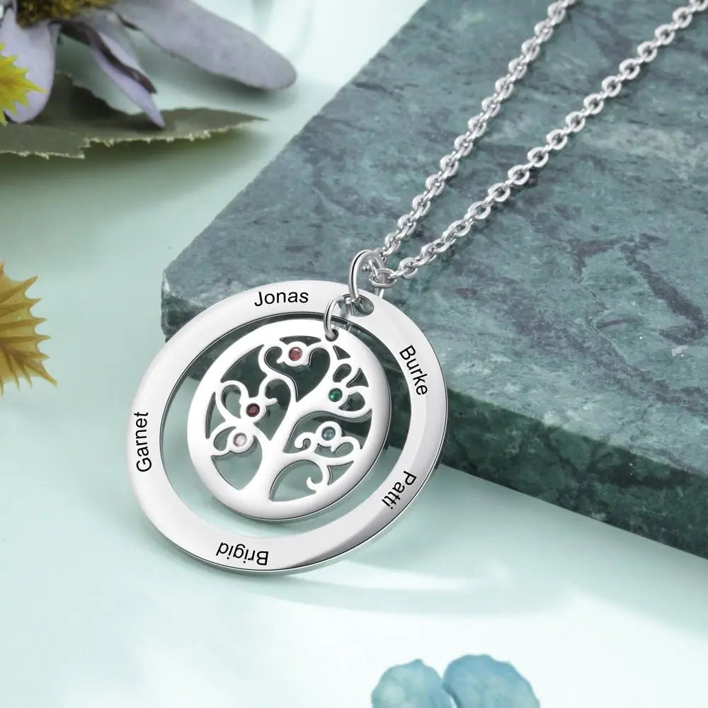 Tree of Life Name Necklace with Birthstone Name Engraved Pendant Family - Blade & Thread