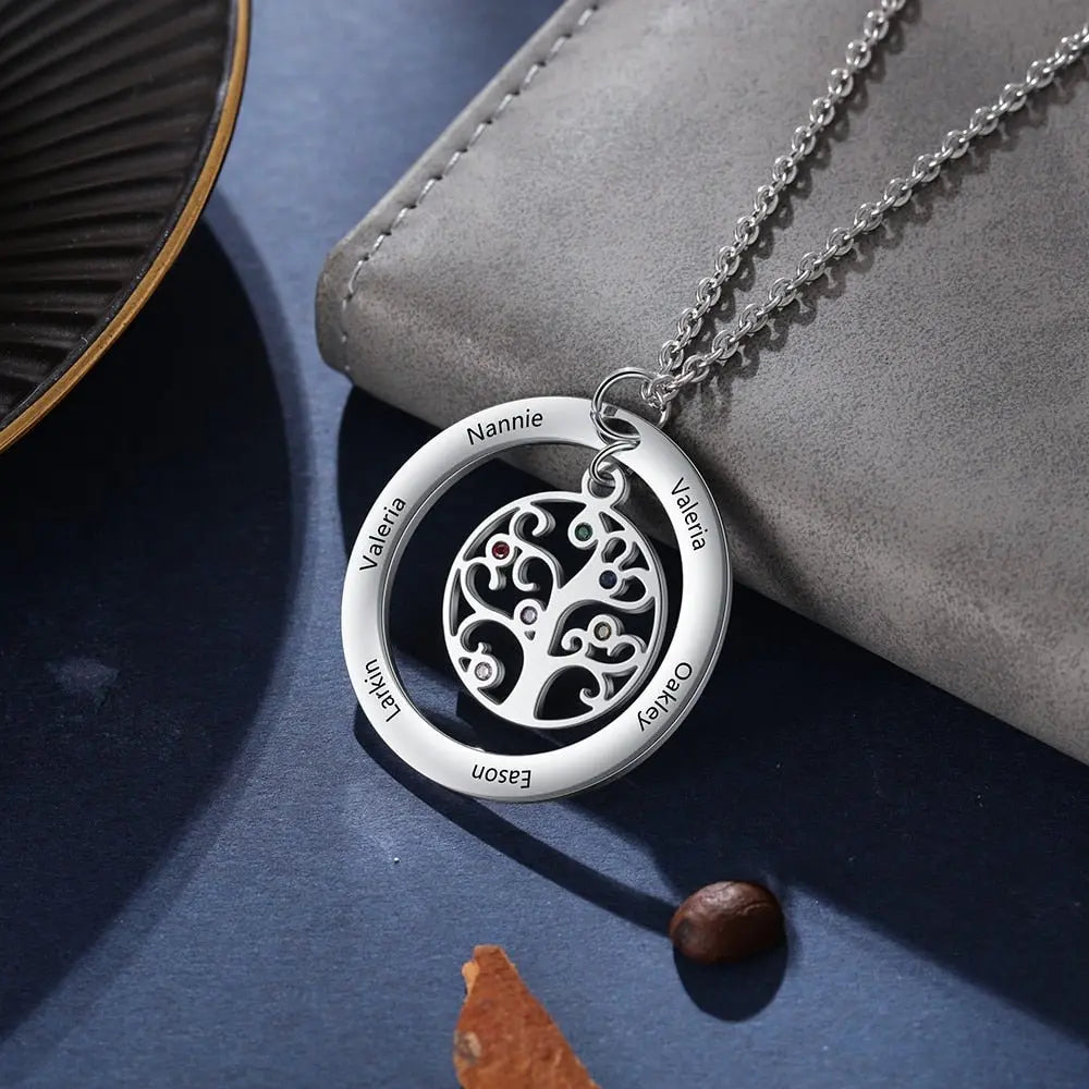 Tree of Life Name Necklace with Birthstone Name Engraved Pendant Family - Blade & Thread