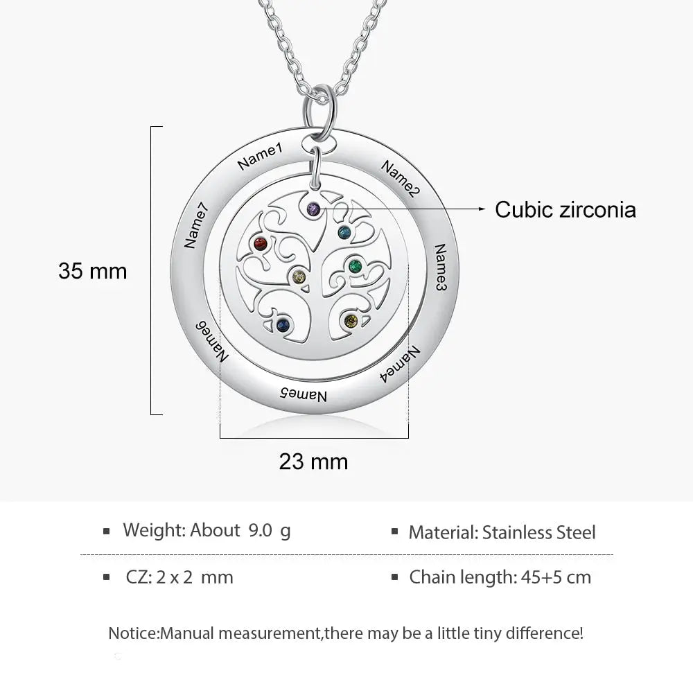 Tree of Life Name Necklace with Birthstone Name Engraved Pendant Family - Blade & Thread