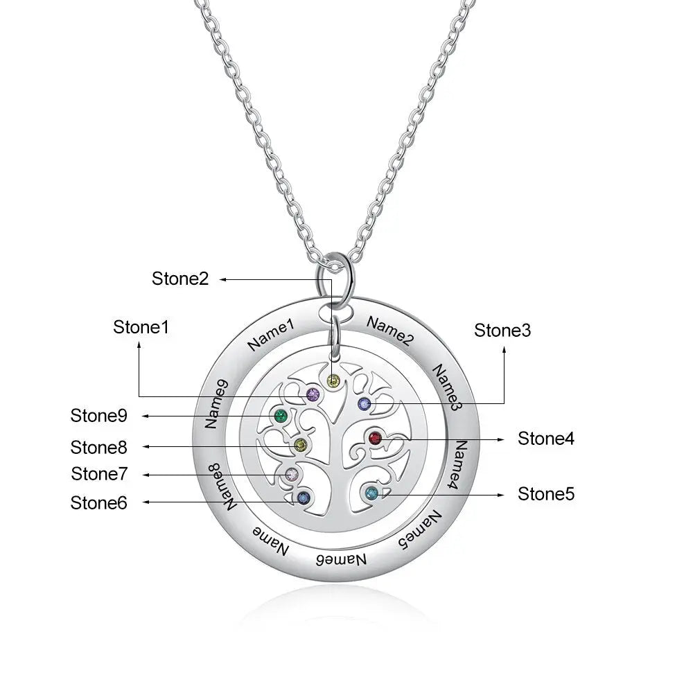 Tree of Life Name Necklace with Birthstone Name Engraved Pendant Family - Blade & Thread