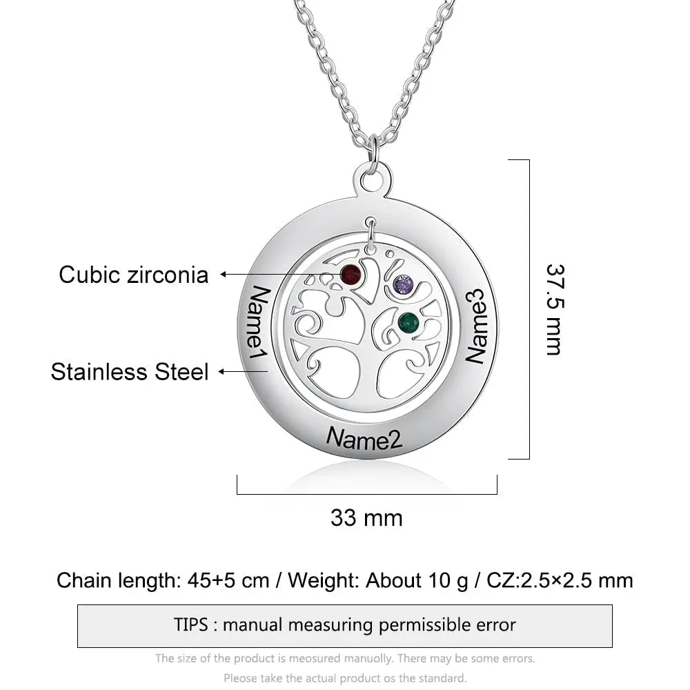 Tree of Life Name Necklace with Birthstone Name Engraved Pendant Family - Blade & Thread