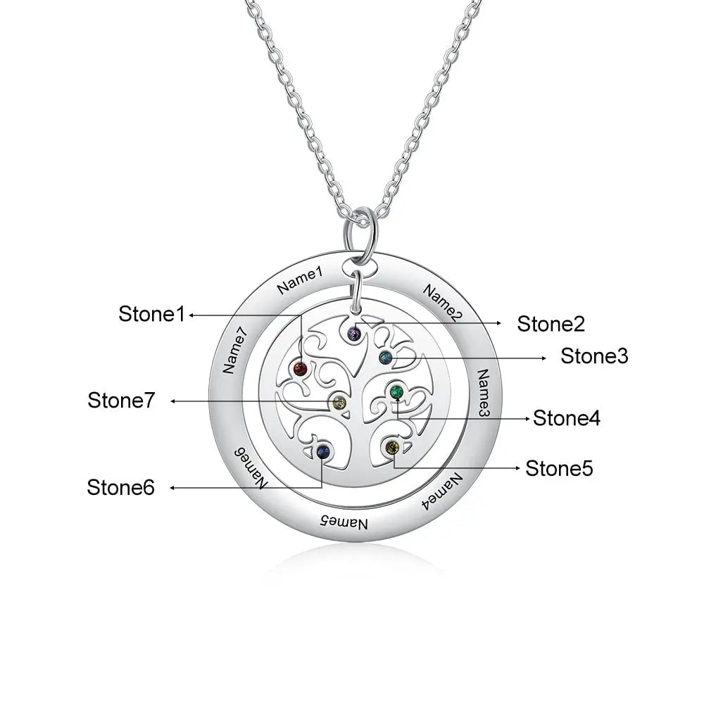 Tree of Life Name Necklace with Birthstone Name Engraved Pendant Family - Blade & Thread