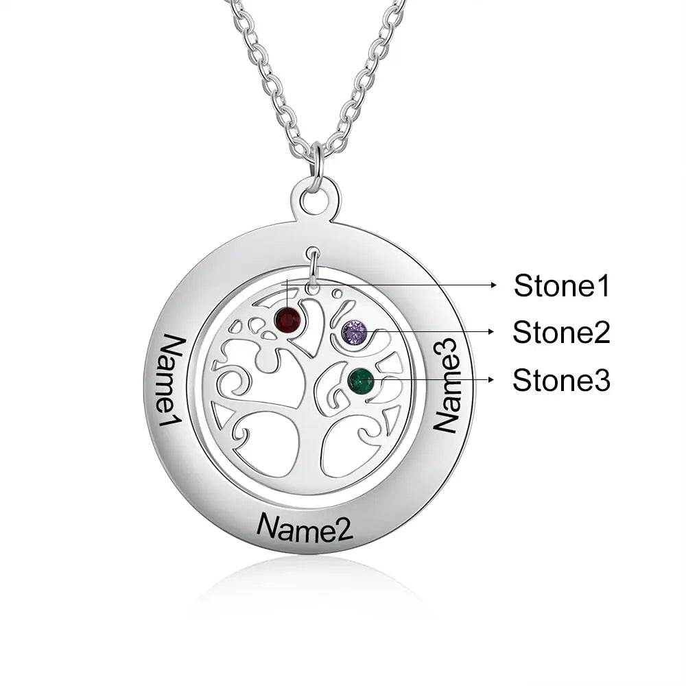 Tree of Life Name Necklace with Birthstone Name Engraved Pendant Family - Blade & Thread