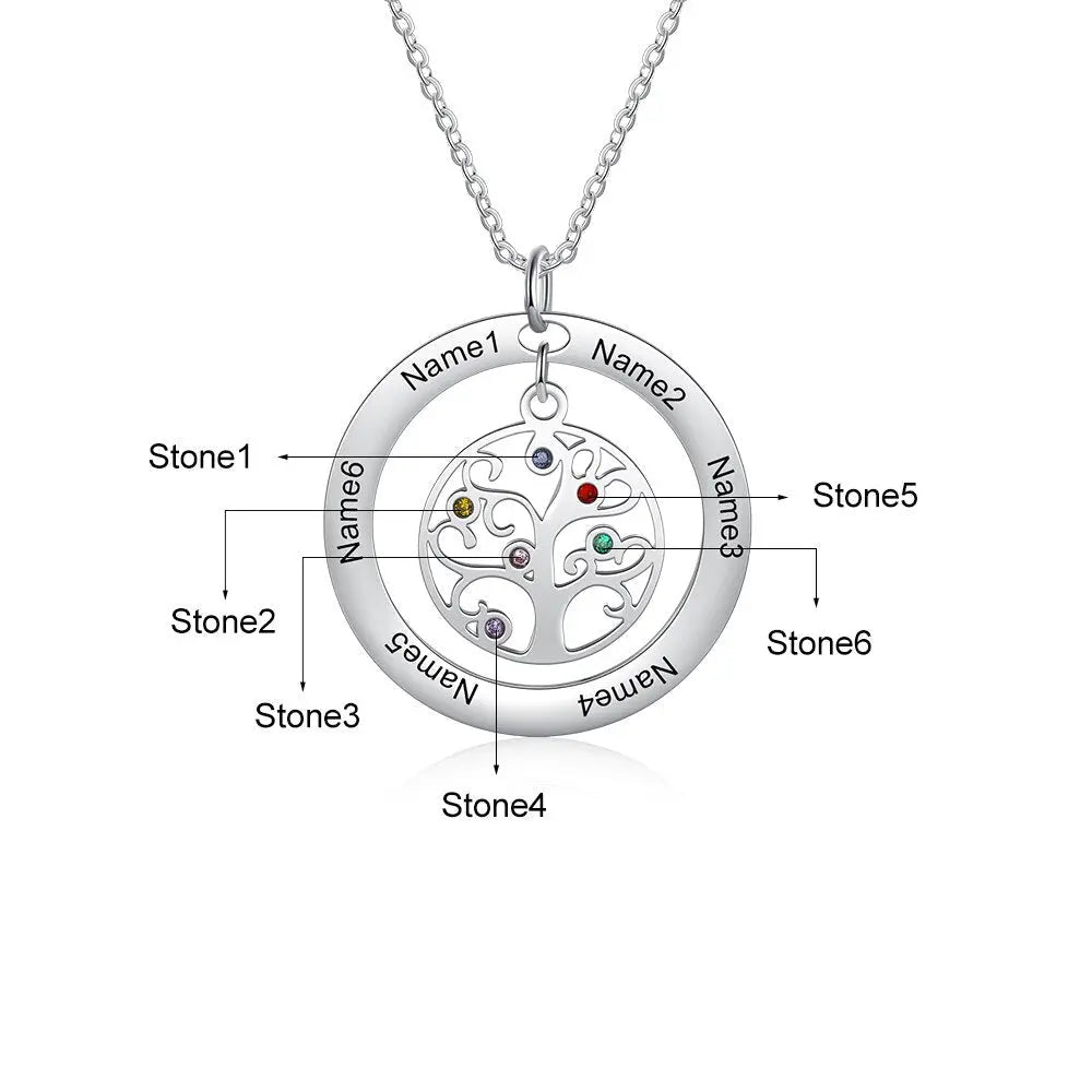 Tree of Life Name Necklace with Birthstone Name Engraved Pendant Family - Blade & Thread