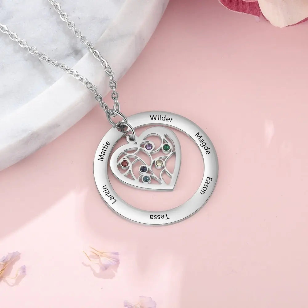 Tree of Life Name Necklace with Birthstone Name Engraved Pendant Family - Blade & Thread