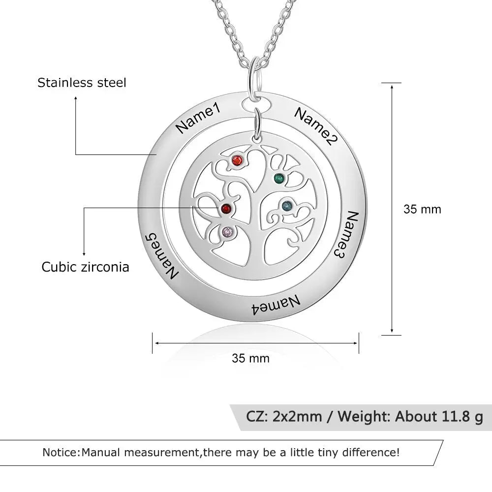 Tree of Life Name Necklace with Birthstone Name Engraved Pendant Family - Blade & Thread