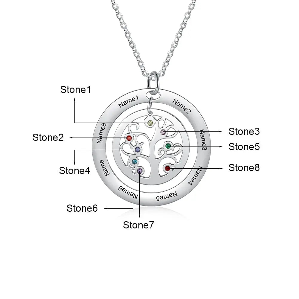 Tree of Life Name Necklace with Birthstone Name Engraved Pendant Family - Blade & Thread