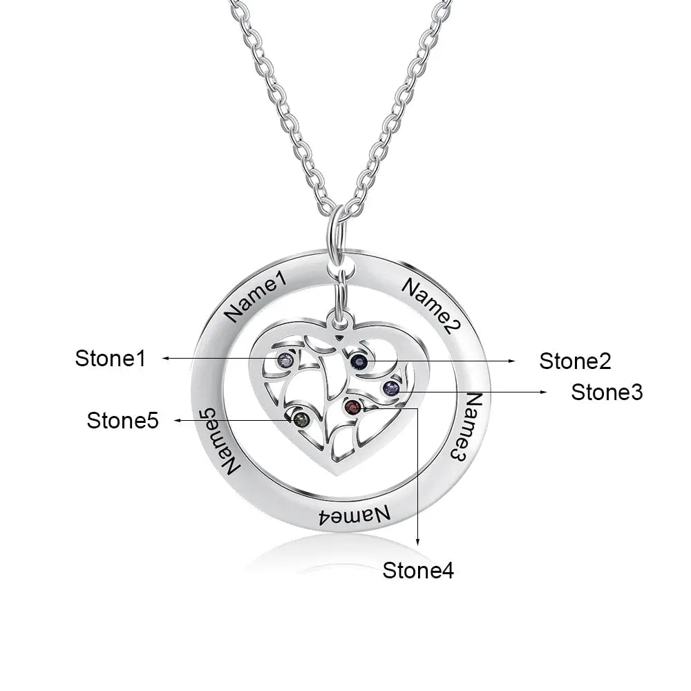 Tree of Life Name Necklace with Birthstone Name Engraved Pendant Family - Blade & Thread