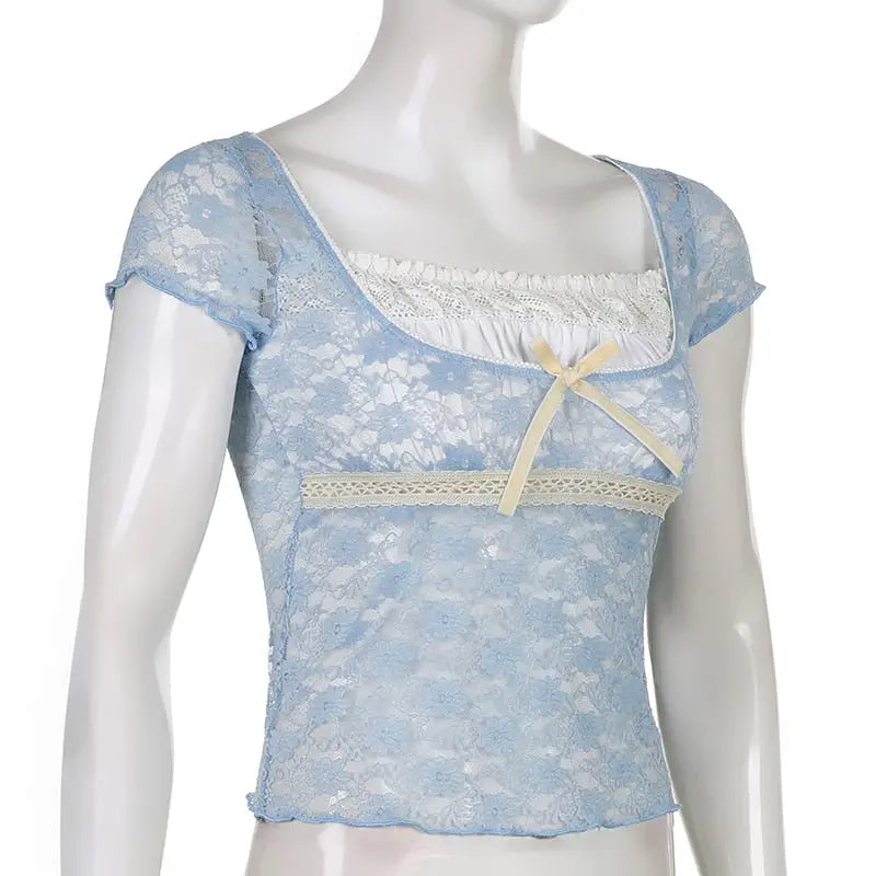 Trim Crop Top Bow Cute Sweet T Shirt Women Retro Short Sleeve Lace Patched Tshirt nowadaysfashion