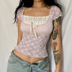 Trim Crop Top Bow Cute Sweet T Shirt Women Retro Short Sleeve Lace Patched Tshirt nowadaysfashion