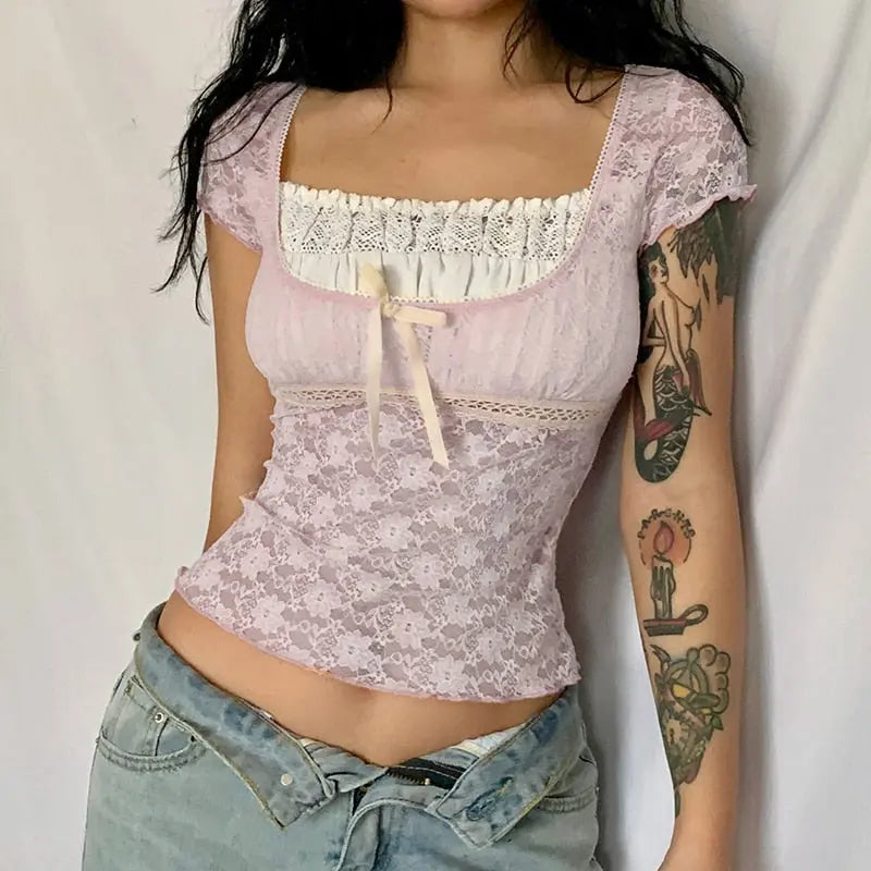 Trim Crop Top Bow Cute Sweet T Shirt Women Retro Short Sleeve Lace Patched Tshirt nowadaysfashion