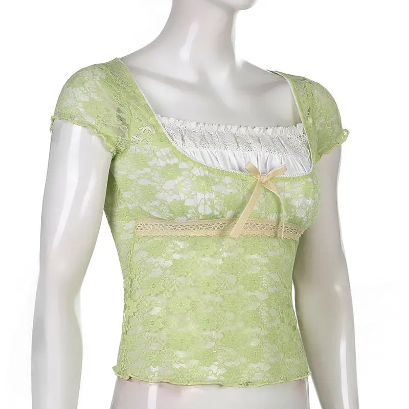 Trim Crop Top Bow Cute Sweet T Shirt Women Retro Short Sleeve Lace Patched Tshirt nowadaysfashion