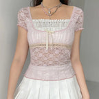 Trim Crop Top Bow Cute Sweet T Shirt Women Retro Short Sleeve Lace Patched Tshirt nowadaysfashion