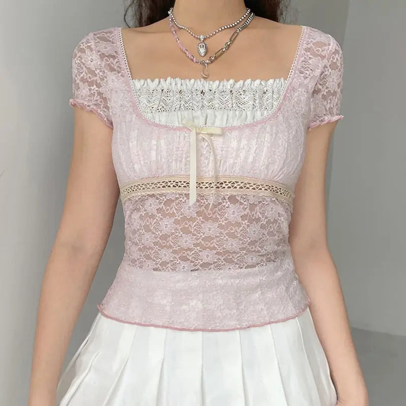 Trim Crop Top Bow Cute Sweet T Shirt Women Retro Short Sleeve Lace Patched Tshirt nowadaysfashion