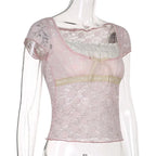 Trim Crop Top Bow Cute Sweet T Shirt Women Retro Short Sleeve Lace Patched Tshirt nowadaysfashion