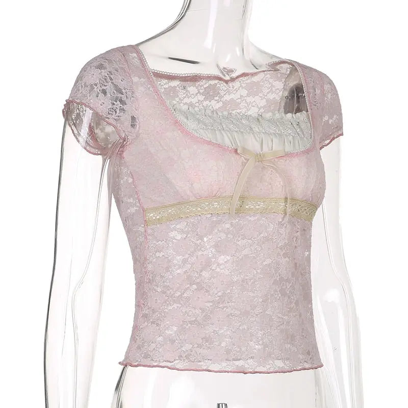 Trim Crop Top Bow Cute Sweet T Shirt Women Retro Short Sleeve Lace Patched Tshirt nowadaysfashion