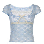 Trim Crop Top Bow Cute Sweet T Shirt Women Retro Short Sleeve Lace Patched Tshirt nowadaysfashion