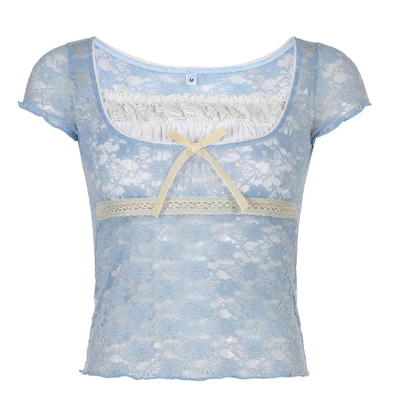 Trim Crop Top Bow Cute Sweet T Shirt Women Retro Short Sleeve Lace Patched Tshirt nowadaysfashion