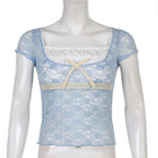 Trim Crop Top Bow Cute Sweet T Shirt Women Retro Short Sleeve Lace Patched Tshirt nowadaysfashion