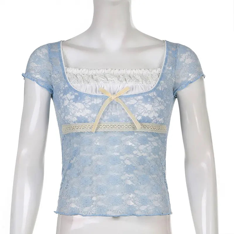 Trim Crop Top Bow Cute Sweet T Shirt Women Retro Short Sleeve Lace Patched Tshirt nowadaysfashion