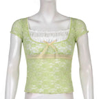 Trim Crop Top Bow Cute Sweet T Shirt Women Retro Short Sleeve Lace Patched Tshirt nowadaysfashion