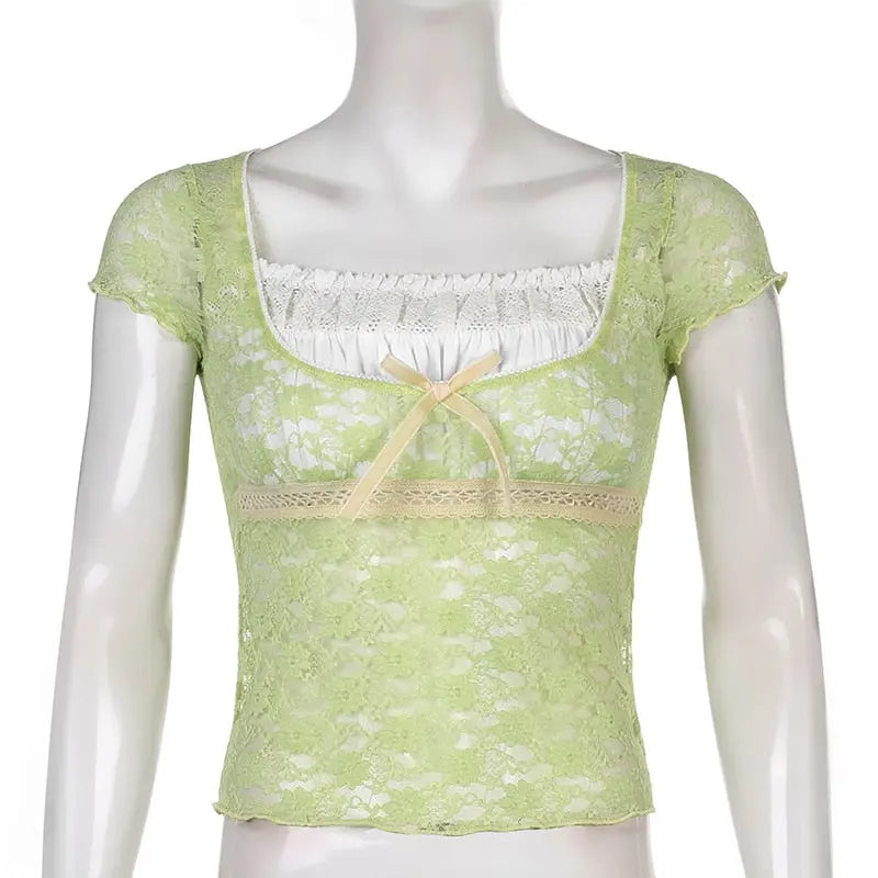 Trim Crop Top Bow Cute Sweet T Shirt Women Retro Short Sleeve Lace Patched Tshirt nowadaysfashion