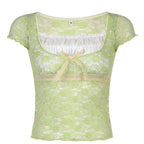 Trim Crop Top Bow Cute Sweet T Shirt Women Retro Short Sleeve Lace Patched Tshirt nowadaysfashion