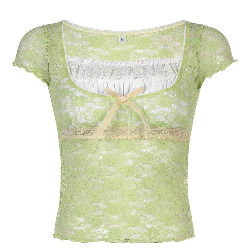 Trim Crop Top Bow Cute Sweet T Shirt Women Retro Short Sleeve Lace Patched Tshirt nowadaysfashion