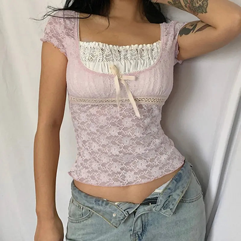 Trim Crop Top Bow Cute Sweet T Shirt Women Retro Short Sleeve Lace Patched Tshirt nowadaysfashion