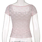 Trim Crop Top Bow Cute Sweet T Shirt Women Retro Short Sleeve Lace Patched Tshirt nowadaysfashion