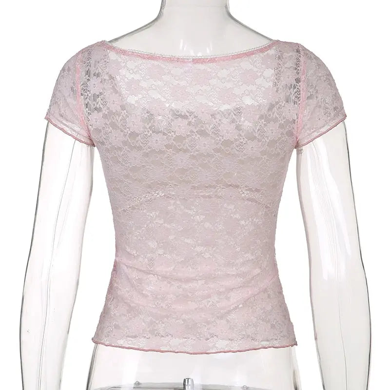 Trim Crop Top Bow Cute Sweet T Shirt Women Retro Short Sleeve Lace Patched Tshirt nowadaysfashion