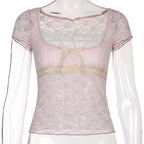 Trim Crop Top Bow Cute Sweet T Shirt Women Retro Short Sleeve Lace Patched Tshirt nowadaysfashion