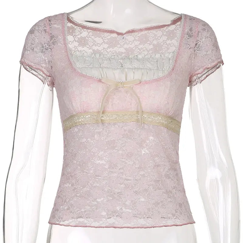 Trim Crop Top Bow Cute Sweet T Shirt Women Retro Short Sleeve Lace Patched Tshirt nowadaysfashion