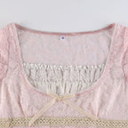 Trim Crop Top Bow Cute Sweet T Shirt Women Retro Short Sleeve Lace Patched Tshirt nowadaysfashion