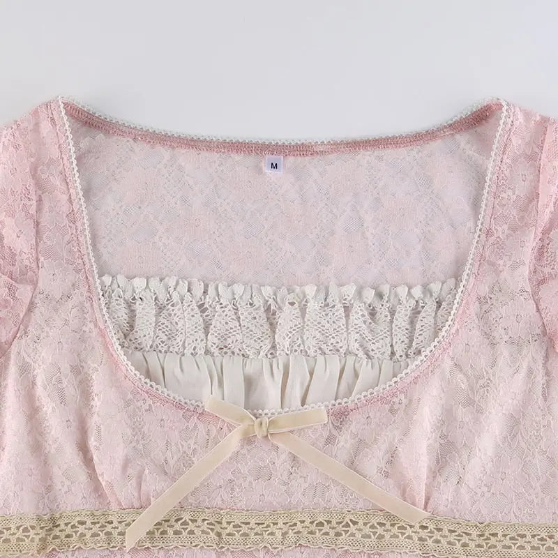 Trim Crop Top Bow Cute Sweet T Shirt Women Retro Short Sleeve Lace Patched Tshirt nowadaysfashion