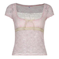 Trim Crop Top Bow Cute Sweet T Shirt Women Retro Short Sleeve Lace Patched Tshirt nowadaysfashion