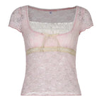 Trim Crop Top Bow Cute Sweet T Shirt Women Retro Short Sleeve Lace Patched Tshirt nowadaysfashion