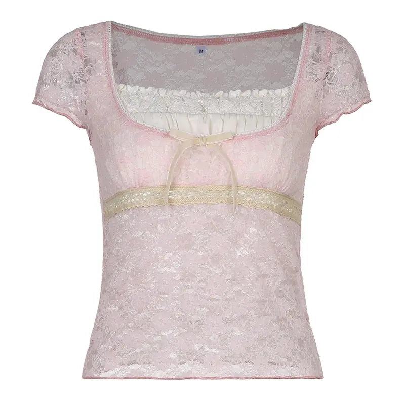 Trim Crop Top Bow Cute Sweet T Shirt Women Retro Short Sleeve Lace Patched Tshirt nowadaysfashion