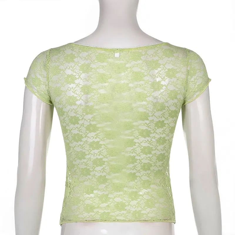 Trim Crop Top Bow Cute Sweet T Shirt Women Retro Short Sleeve Lace Patched Tshirt nowadaysfashion