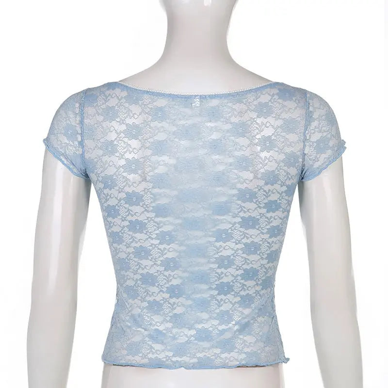 Trim Crop Top Bow Cute Sweet T Shirt Women Retro Short Sleeve Lace Patched Tshirt nowadaysfashion