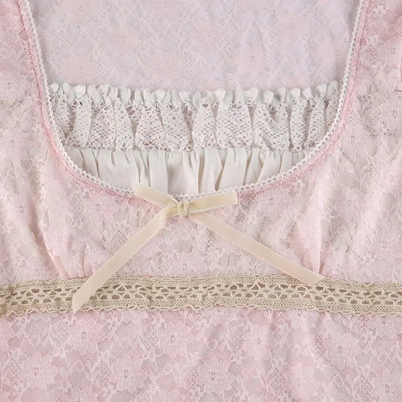 Trim Crop Top Bow Cute Sweet T Shirt Women Retro Short Sleeve Lace Patched Tshirt nowadaysfashion