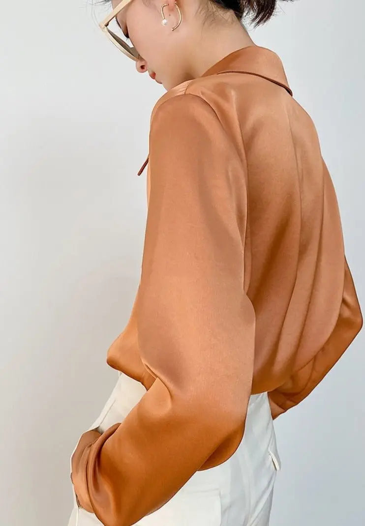 Turn-down Collar Solid Blouses Women Full Sleeve Loose Single-breasted Satin Shirts - Blade & Thread