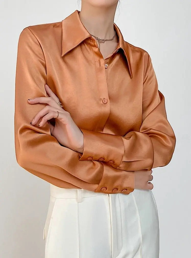 Turn-down Collar Solid Blouses Women Full Sleeve Loose Single-breasted Satin Shirts - Blade & Thread