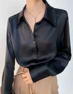 Turn-down Collar Solid Blouses Women Full Sleeve Loose Single-breasted Satin Shirts nowadaysfashion