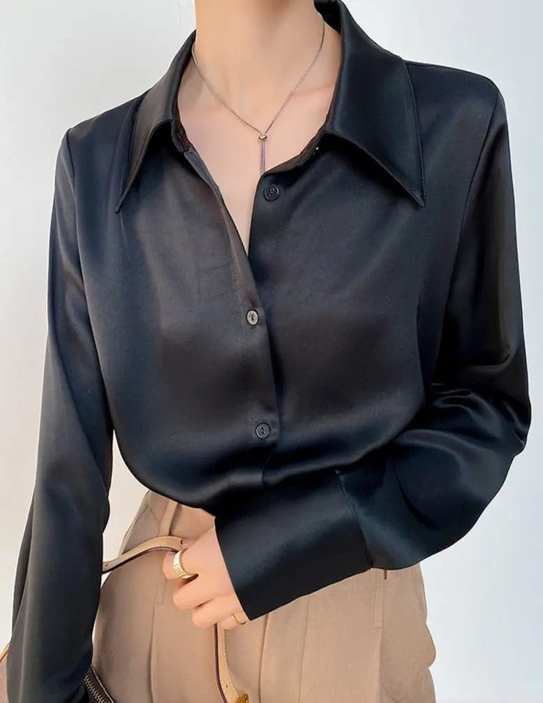 Turn-down Collar Solid Blouses Women Full Sleeve Loose Single-breasted Satin Shirts - Blade & Thread