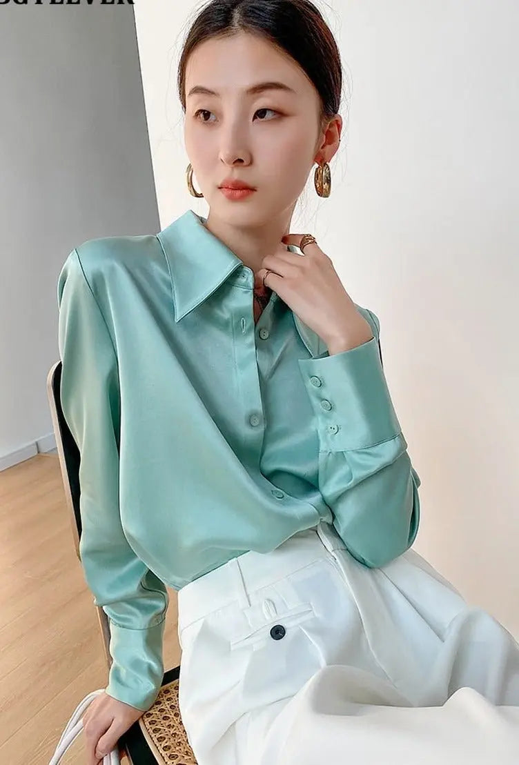 Turn-down Collar Solid Blouses Women Full Sleeve Loose Single-breasted Satin Shirts - Blade & Thread