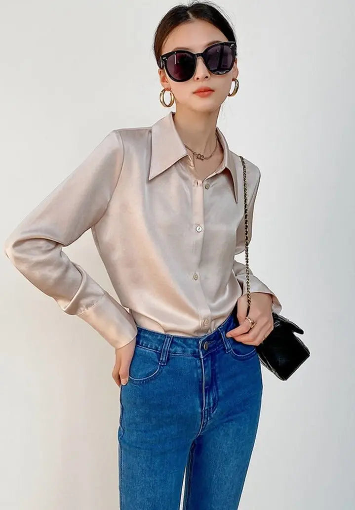Turn-down Collar Solid Blouses Women Full Sleeve Loose Single-breasted Satin Shirts - Blade & Thread