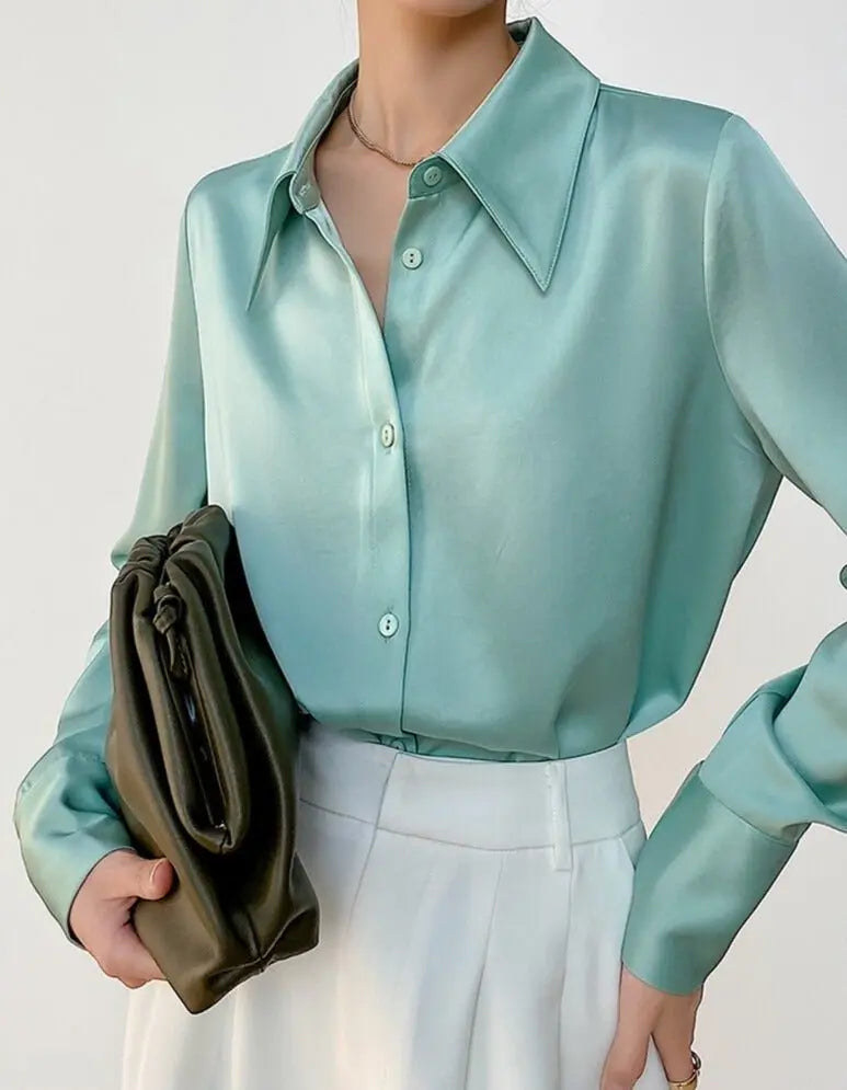 Turn-down Collar Solid Blouses Women Full Sleeve Loose Single-breasted Satin Shirts - Blade & Thread