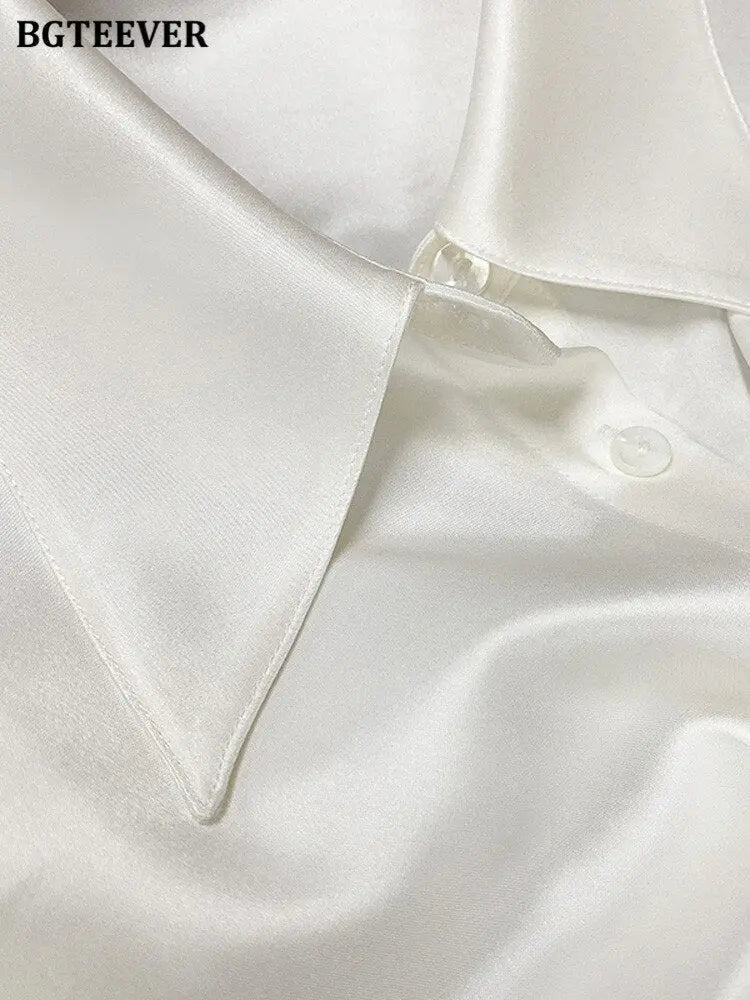 Turn-down Collar Solid Blouses Women Full Sleeve Loose Single-breasted Satin Shirts - Blade & Thread